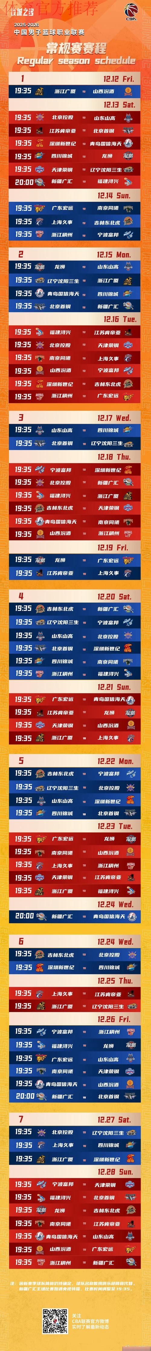 CBA揭幕战12日晚开战